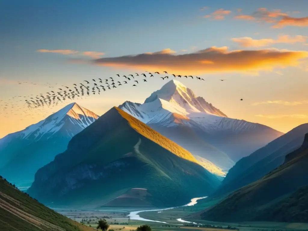 Espectacular migración de aves en formación V sobre paisaje colorido al atardecer Un impresionante vuelo de aves migratorias en formación V, mostrando sus técnicas de orientación en un paisaje colorido al atardecer