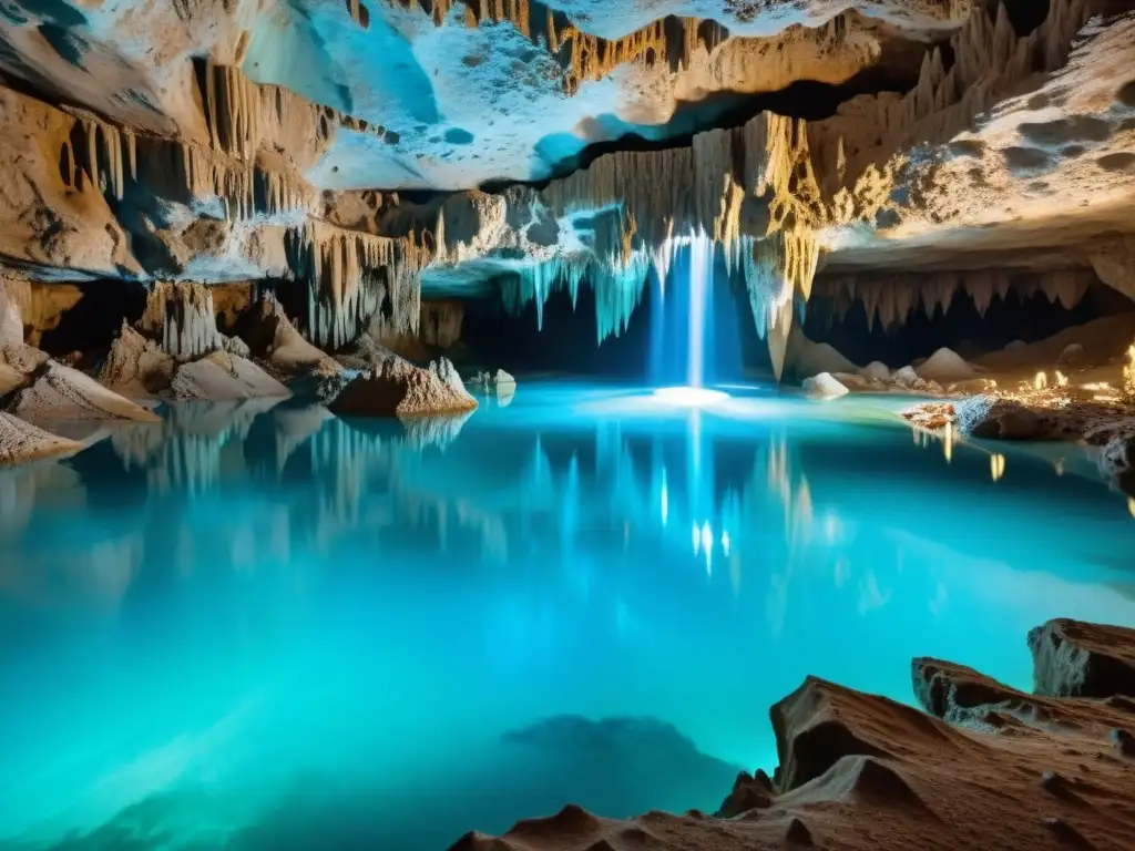 Maravilloso paisaje subterráneo de cuevas cristalinas Explora las impresionantes formaciones de cuevas acuáticas subterráneas en un paisaje subterráneo fascinante y misterioso