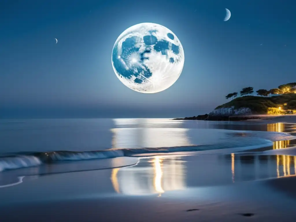 Mareas lunares: esplendor costero bajo la luna llena Influencia de la Luna en mareas: Fotografía detallada de costa bajo luna llena, con reflejo lunar en el agua y mareas visibles