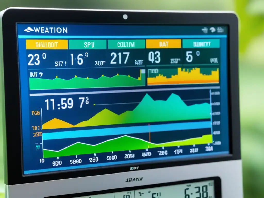 Interfaz moderna de estación meteorológica casera apps, con datos detallados y gráficos vibrantes en pantalla de ordenador