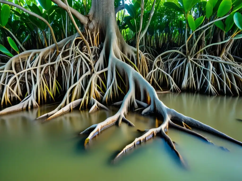 Red de raíces de mangle: supervivencia en el agua Un intrincado sistema de raíces de mangle enredadas y retorcidas, habitado por una diversa comunidad marina