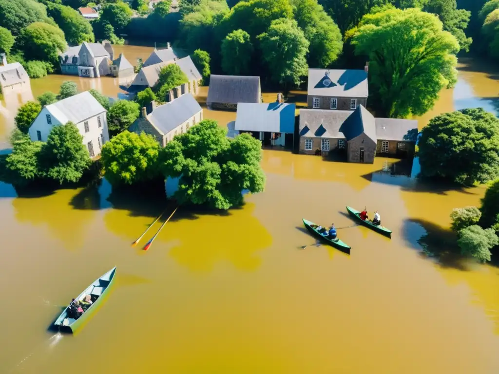 Rescate en inundación: pueblo histórico sumergido Inundaciones naturales históricas supervivencia: Antigua ciudad sumergida, gente rema entre edificios inundados, reflejos acuáticos y paisaje verde