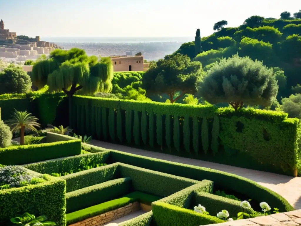Jardín colgante de Babilonia: maravilla verde Jardines colgantes de Babilonia con microclimas, exuberante vegetación y vistas de la ciudad antigua