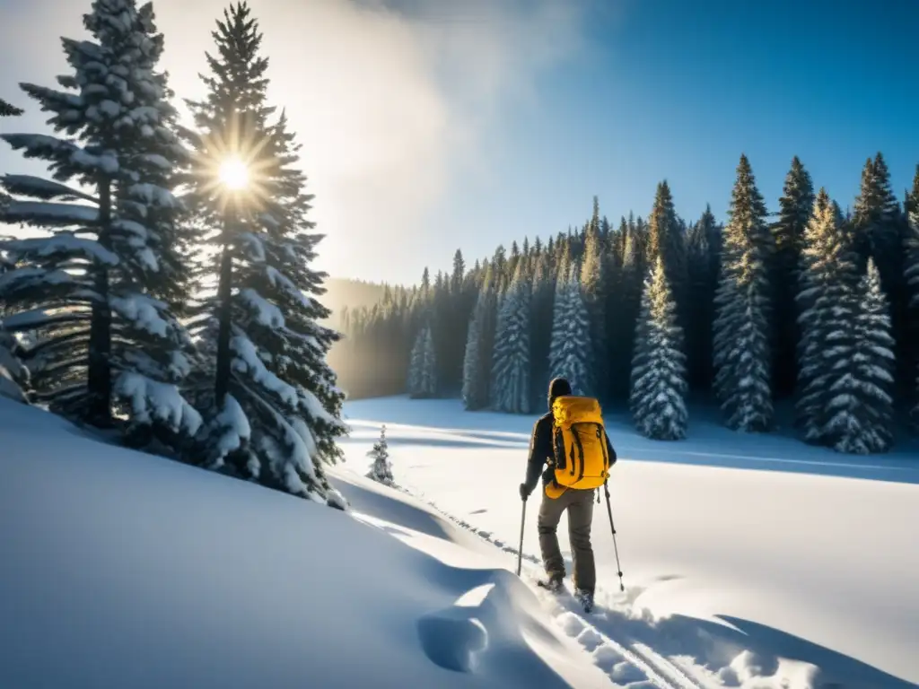 Supervivencia en la nieve: paisaje desafiante Juego de estrategia realista de supervivencia en paisaje nevado con persona solitaria y determinada entre altos pinos
