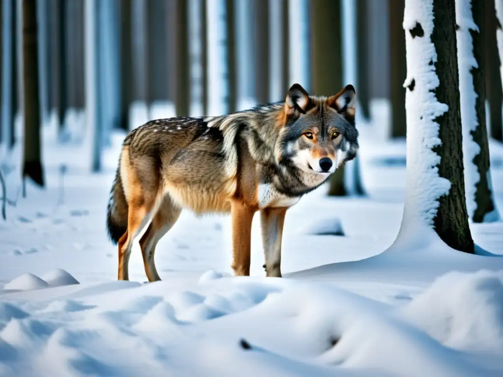 Sigiloso lobo solitario acechando en la nieve Un lobo solitario acecha silenciosamente a su presa en un denso bosque nevado