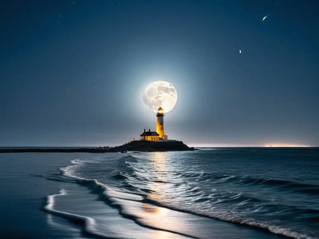 Espectacular imagen de la luna sobre el mar, con faro solitario La luna ilumina el océano en una noche misteriosa