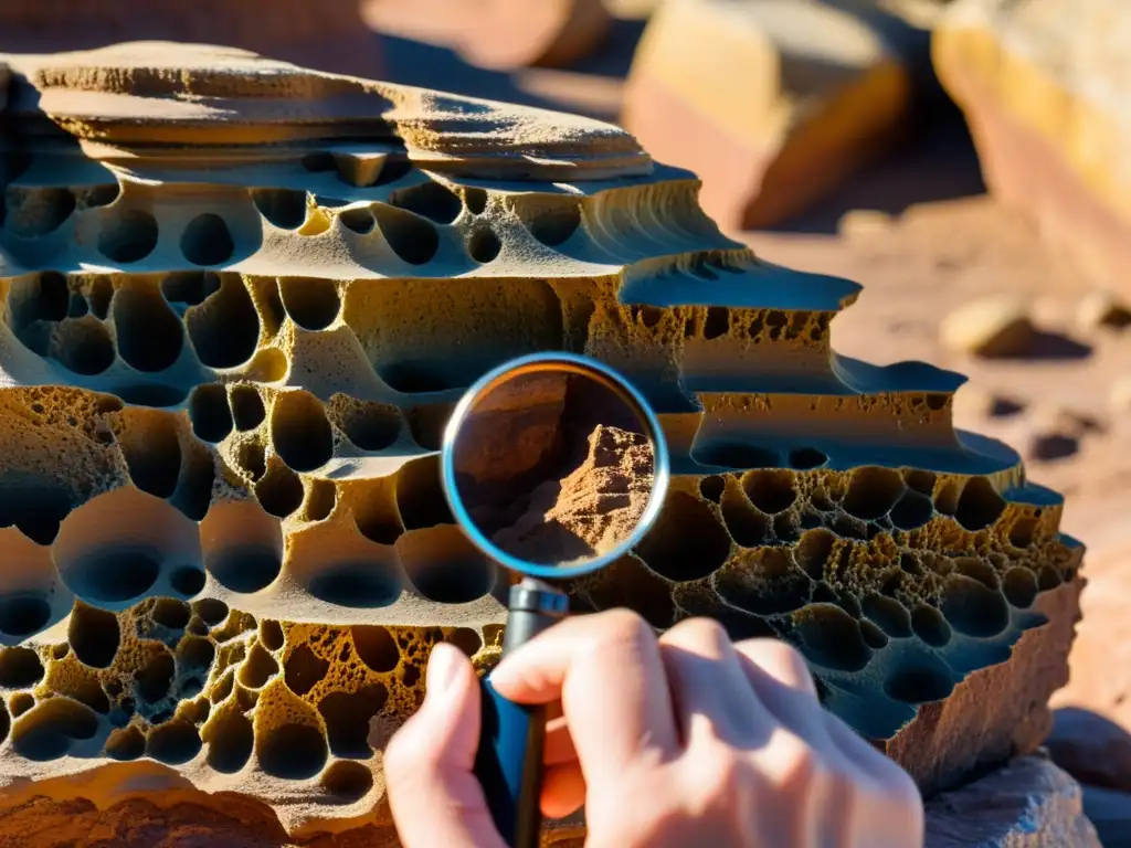 Texturas y fósiles: Detalles de roca erosionada Un geólogo examina con una lupa los detalles de una roca erosionada, revelando fósiles y patrones
