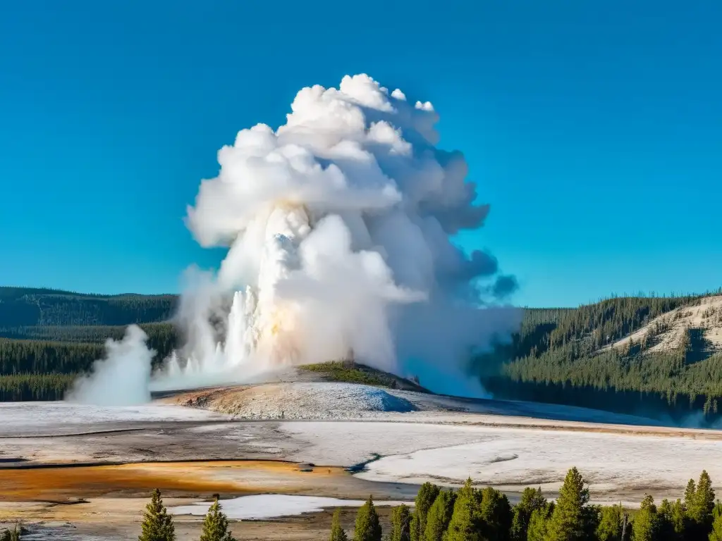 Espectacular erupción del géiser Old Faithful en 8K La majestuosa erupción del géiser Old Faithful en Yellowstone, capturada en una impresionante imagen 8K