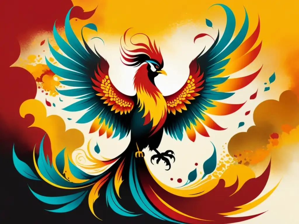 Fénix chino emergiendo con plumaje vibrante y paisaje armonioso Una majestuosa pintura china de un fénix resurgiendo de las cenizas, con plumas de rojos, naranjas y amarillos