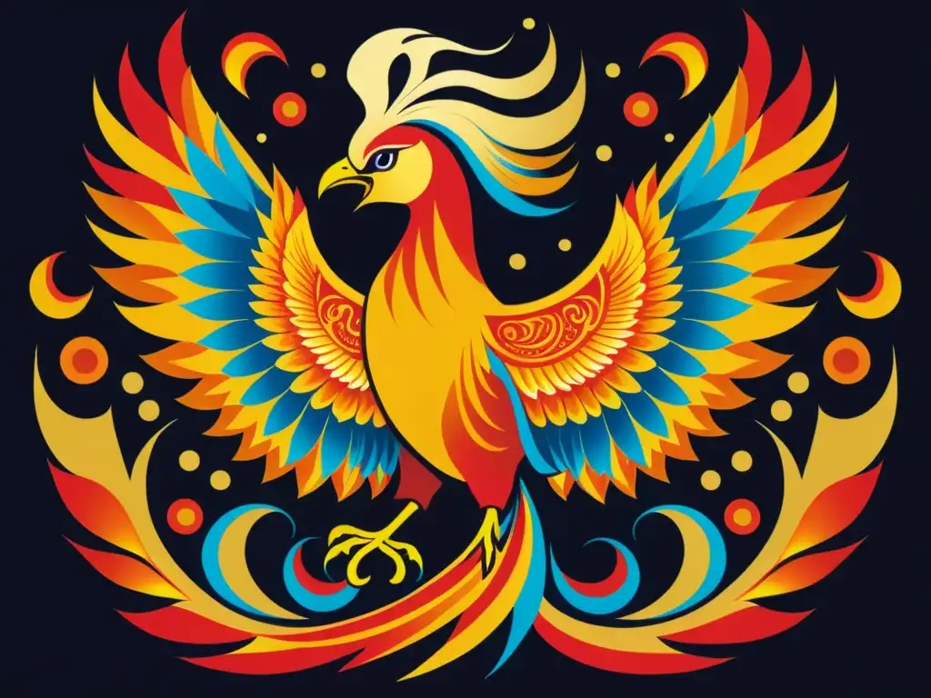 Fénix resurgiendo con fuego vibrante Un majestuoso ave fénix emerge de llamas vibrantes, con plumas en tonos dorados, rojos y naranjas