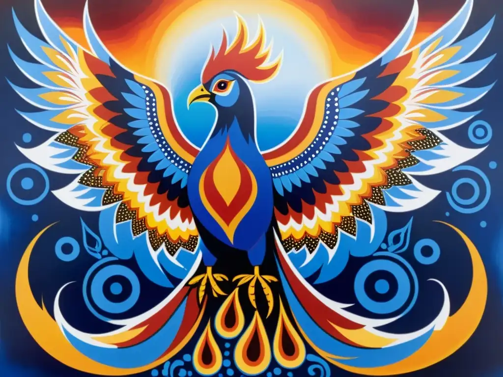 Renacimiento del fénix: arte aborigen Un majestuoso ave fénix se eleva entre símbolos y patrones aborígenes, representando el renacimiento y la conexión con la naturaleza