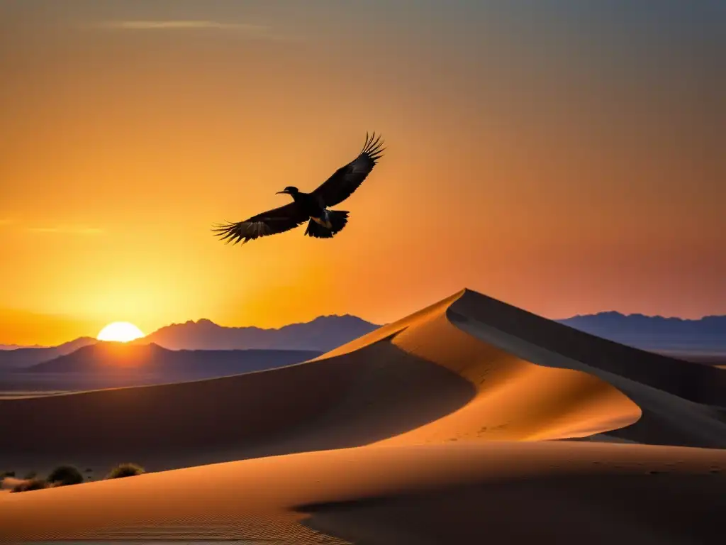Roc majestuoso en el desierto al atardecer Un majestuoso pájaro surca el cielo del desierto al atardecer, evocando la magia de los fenómenos naturales en las Mil y Una Noches