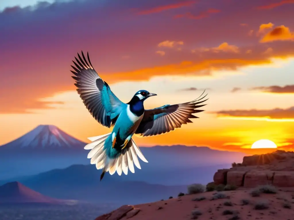 Roc majestuoso surcando el atardecer Un majestuoso pájaro roc con plumas relucientes surca el cielo al atardecer, emanando belleza y asombro