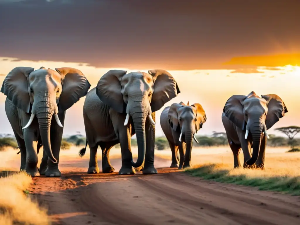 Manada de elefantes en alerta al atardecer Manada de elefantes en reserva natural al atardecer, rodeados de otros animales
