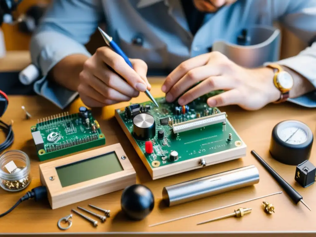 Manos meticulosas ensamblan estación meteorológica casera con herramientas y componentes electrónicos en mesa de trabajo
