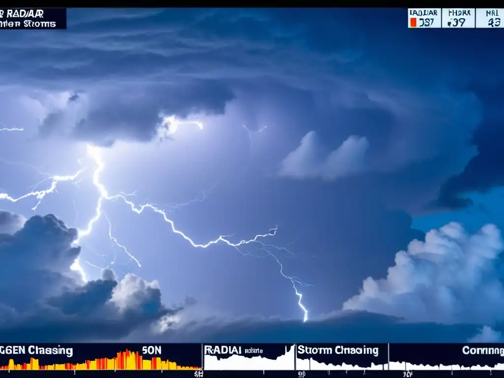 Rastreo de tormentas: tecnología avanzada y precisión Un mapa detallado de un sistema de tormentas en un radar, con relámpagos iluminando el cielo y nubes turbulentas