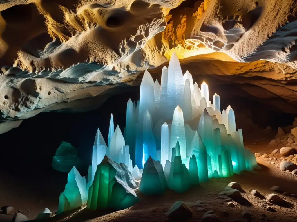 Maravilla subterránea: Formación cristalina deslumbrante Explora las maravillas geológicas de las cavernas cristalinas en esta impresionante formación de cristal iluminada por un suave resplandor