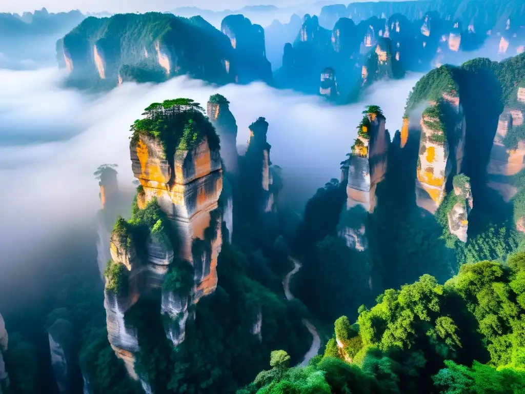 Pilares de arenisca en Zhangjiajie: Erosión natural Maravillas naturales en Zhangjiajie, China: pilares de arena esculpidos por el proceso de erosión, resplandeciendo bajo la luz del sol