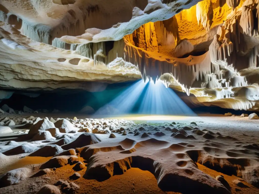 Maravillas subterráneas: Cueva de piedra caliza iluminada Maravillas naturales en cueva de piedra caliza iluminada por cálida luz, mostrando el proceso de erosión en formaciones intrincadas y fascinantes