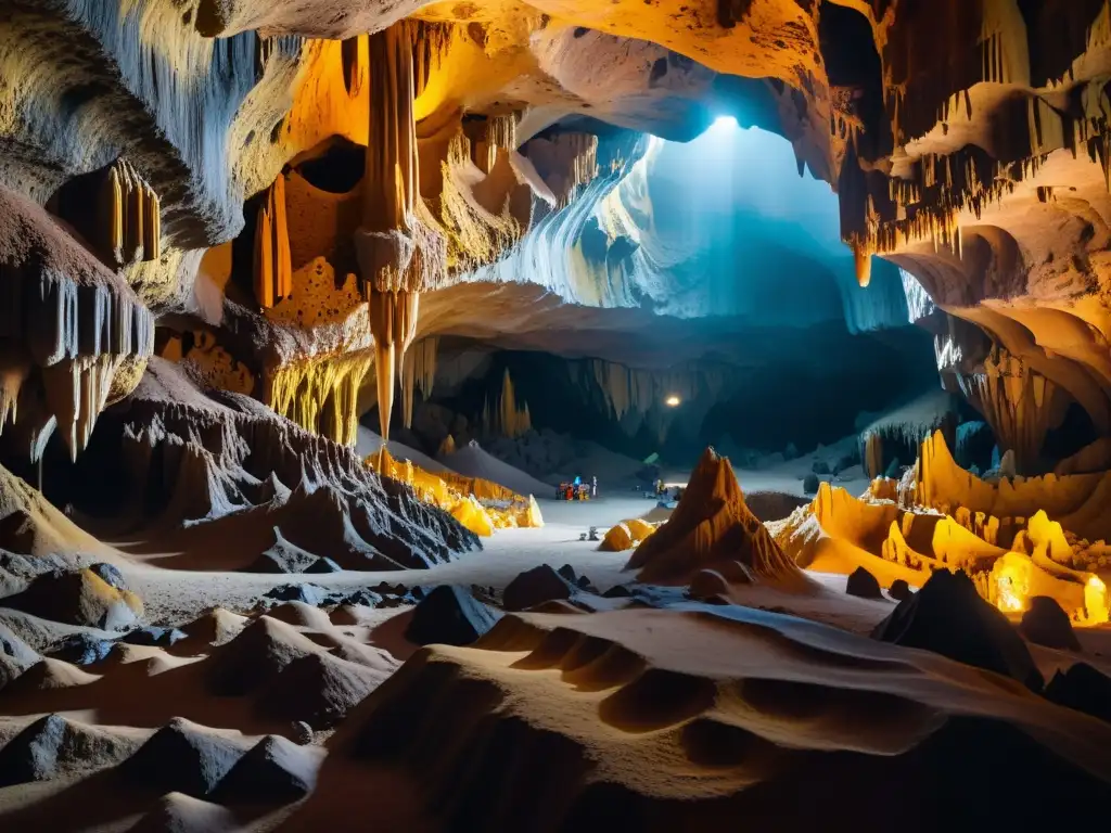 Majestuosa caverna subterránea: maravillas ocultas en 8k Maravillas naturales: formaciones subterráneas de estalactitas y estalagmitas en una caverna subterránea iluminada por suave luz natural