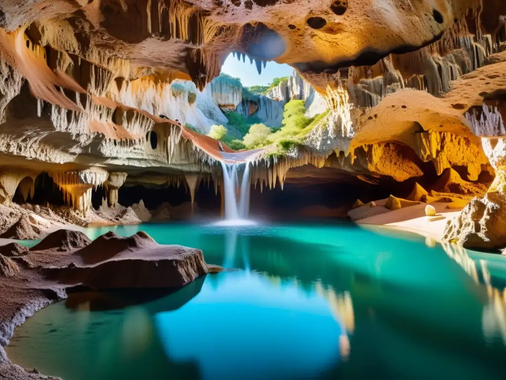 Maravillosa cueva subterránea: espectacular paisaje natural Maravillas naturales formaciones subterráneas: impresionante paisaje de cueva subterránea iluminada por suave luz cálida, con estalactitas y estalagmitas detalladas