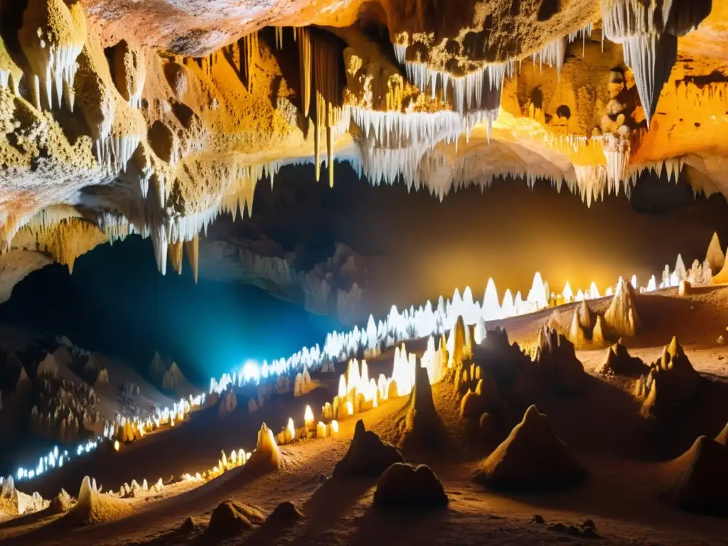 Maravilla subterránea: Cueva de estalactitas y estalagmitas Maravillas naturales formaciones subterráneas: impresionante cueva subterránea con estalactitas, estalagmitas y cristales resplandecientes iluminados por la luz dorada del sol