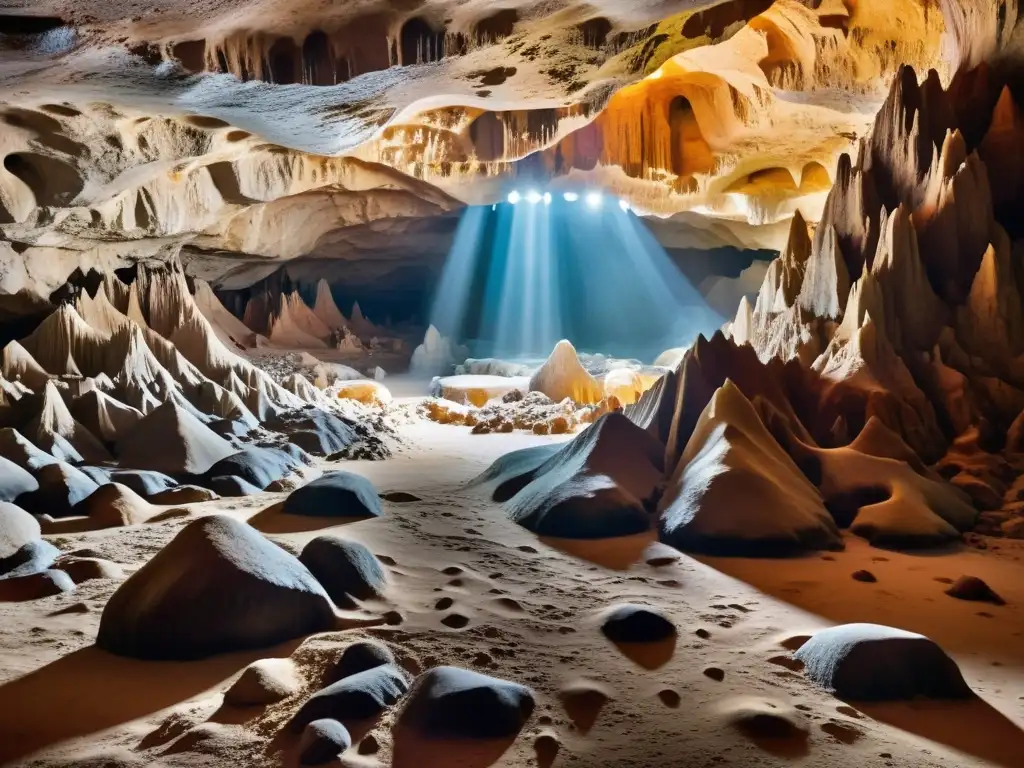 Maravillas subterráneas: Caverna iluminada Maravillas naturales formaciones subterráneas: Impresionante caverna iluminada por luz suave, con estalactitas y estalagmitas de diversas formas y tamaños