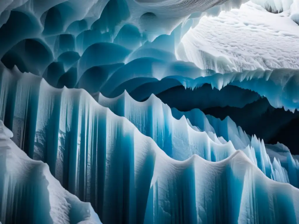 Explora la belleza oculta de una cueva de hielo glacial Explora las maravillas ocultas glaciares en esta cueva de hielo azul con patrones y texturas sorprendentes, iluminada por una luz suave y natural