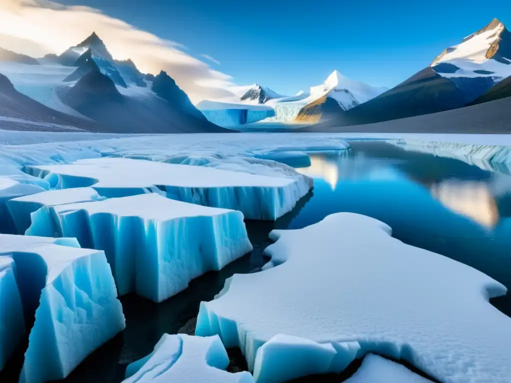 Glaciar imponente y formaciones geológicas únicas en la nieve Maravillas ocultas glaciares: paisaje glacial con formaciones geológicas y montañas nevadas