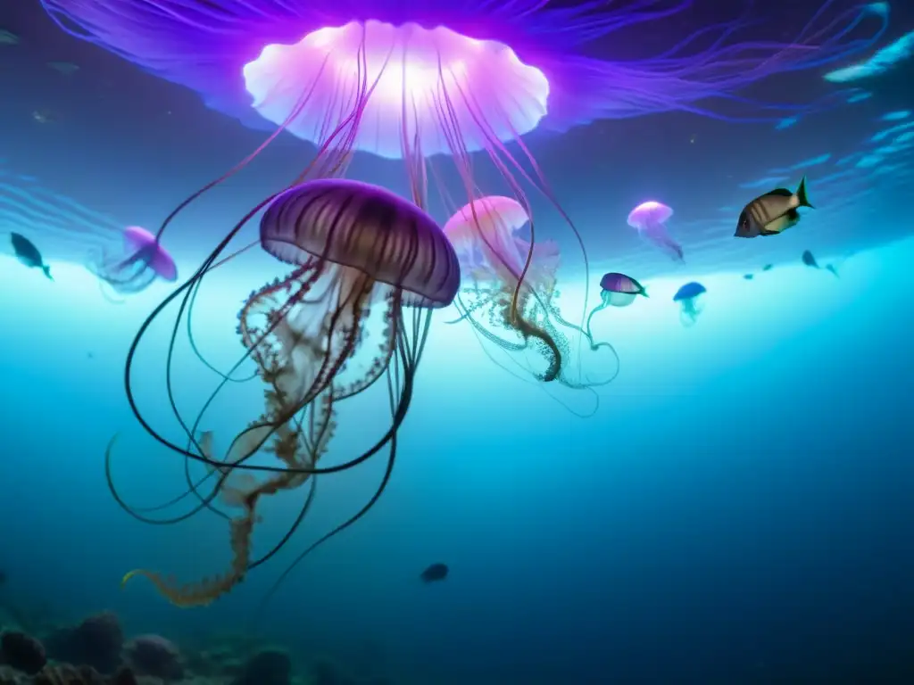 Espectáculo bioluminiscente en el océano profundo Maravillosa escena de comunicación y cortejo en el reino de la bioluminiscencia, donde criaturas emiten un resplandor etéreo en tonos de azul, verde y violeta