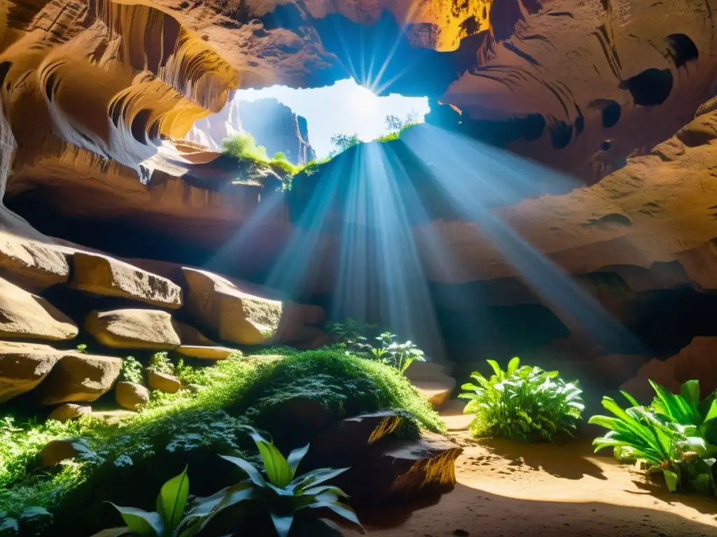 Maravillosa caverna subterránea iluminada por la luz del sol Maravillosa caverna subterránea con formaciones rocosas iluminadas por luz natural, creando un juego de sombras y resaltando la vegetación