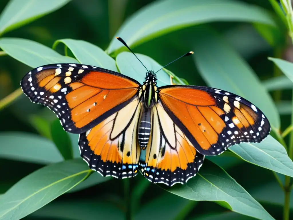 Monarca en Detalle: Belleza en 8k Una mariposa monarca detallada en 8k, con alas naranjas y negras, bebiendo néctar de una planta de algodoncillo
