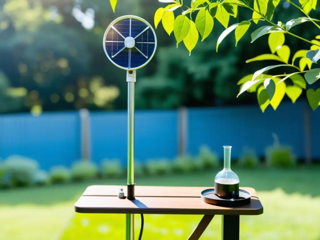 Estación meteorológica casera con anemómetro solar, pluviómetro y sensores de temperatura y humedad, rodeada de exuberante vegetación