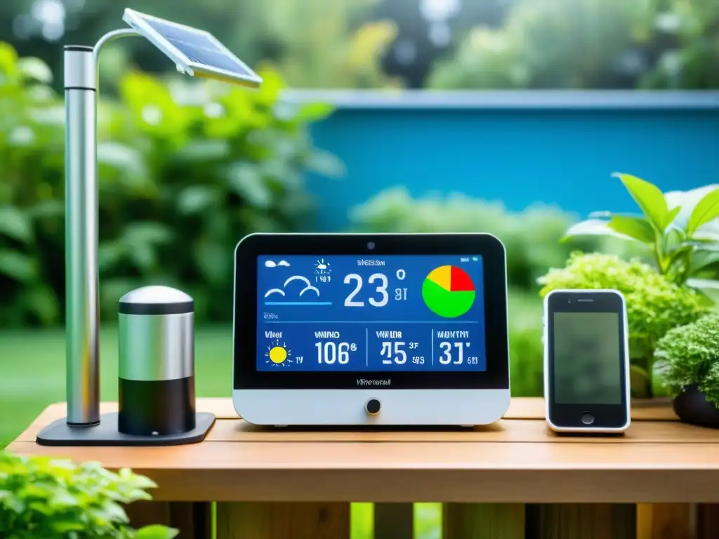 Estación meteorológica casera con apps en un jardín, sensores midiendo clima, conectada a smartphone, gráficos de clima en tiempo real