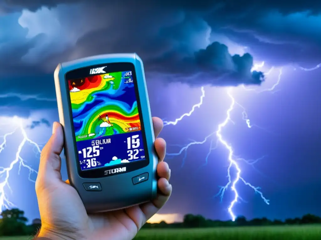 Rastreador de tormentas: Tecnología de vanguardia y emoción Un meteorólogo sostiene un hightech gadget meteorológico frente a nubes tormentosas con datos en tiempo real y mapas de radar, capturando la emoción de la caza de tormentas en la era digital