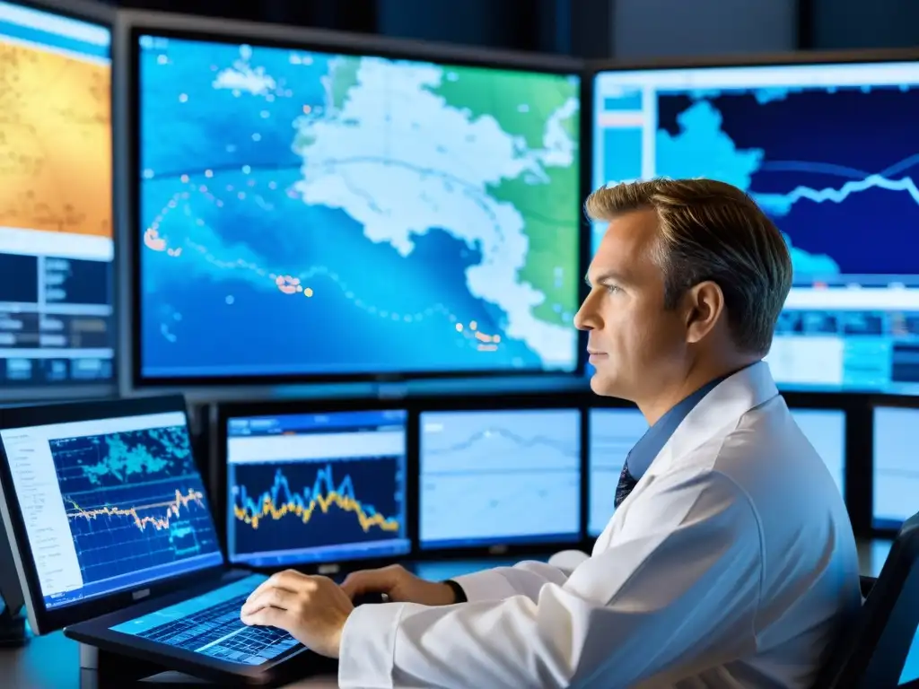 Experto meteorólogo analizando datos meteorológicos con precisión Un meteorólogo profesional analiza patrones climáticos en pantalla, rodeado de equipo meteorológico avanzado