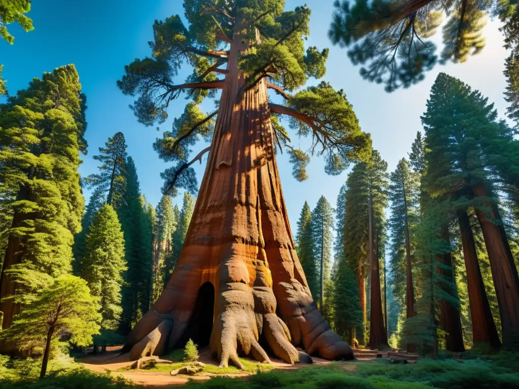 Secuoya milenaria: detalle impresionante en 8k Exploración bosques secuoyas milenarias: Imponente secuoya milenaria con su textura rugosa y luz filtrada entre el dosel del bosque