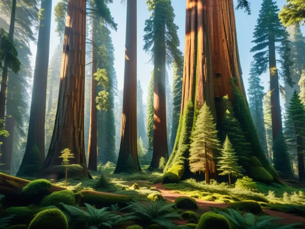 Majestuosos bosques de secuoyas: luz y sombra en 8k Exploración bosques secuoyas milenarias: majestuosidad y luz entre antiguos árboles gigantes