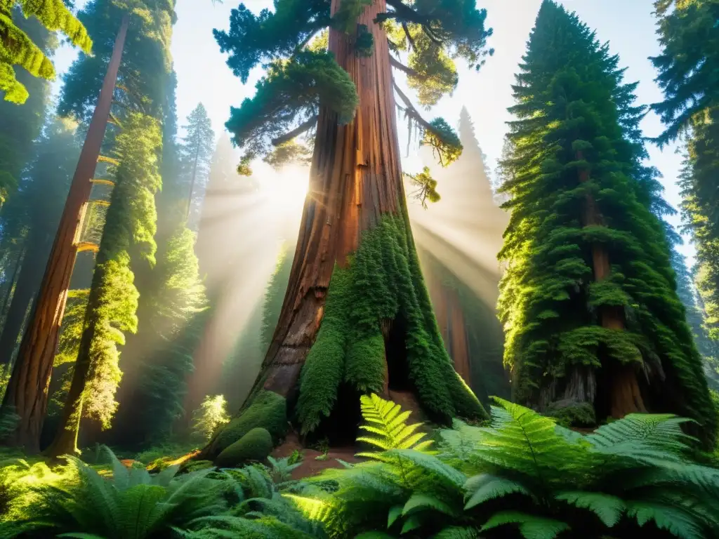 Majestuoso sequoia: luz dorada y textura centenaria Exploración bosques secuoyas milenarias: Majestuoso árbol secuoya en un bosque exuberante, bañado por la cálida luz del sol