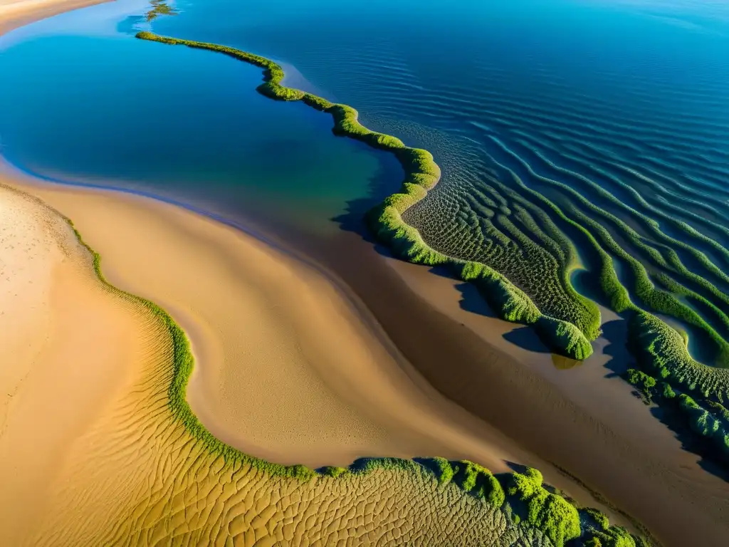 Costa en Marea Baja: Maravillas Ocultas Explorando la misteriosa belleza del océano en la costa en marea baja, con vida marina vibrante y patrones hipnóticos en la arena