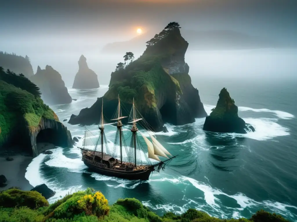 El misterioso Caleuche: barco fantasma en Chiloé Una misteriosa nave fantasmal emerge de la niebla en la leyenda del Caleuche chilota, en la costa de Chiloé, Chile
