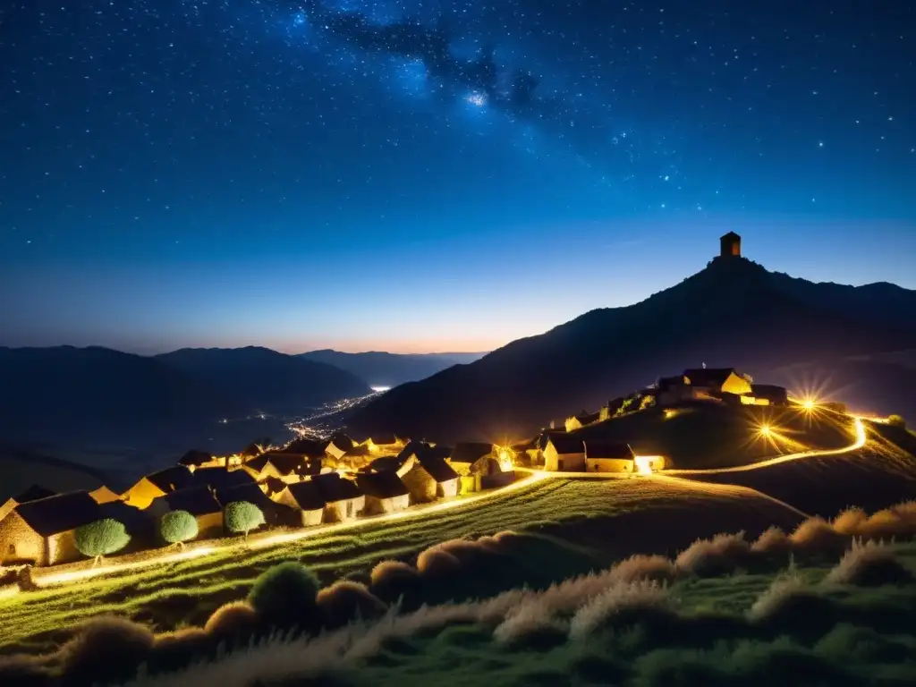 Misteriosa aldea iluminada bajo el cielo estrellado: luces del terremoto Una misteriosa noche rural con luces de terremoto, evocando asombro y curiosidad