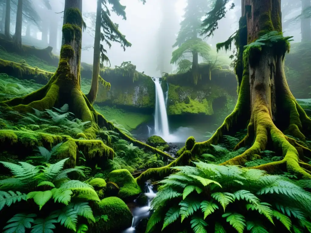 Bosque misterioso: niebla densa y árboles antiguos Un misterioso y exuberante bosque cubierto de niebla con árboles antiguos y raíces retorcidas, creando una atmósfera de misterio