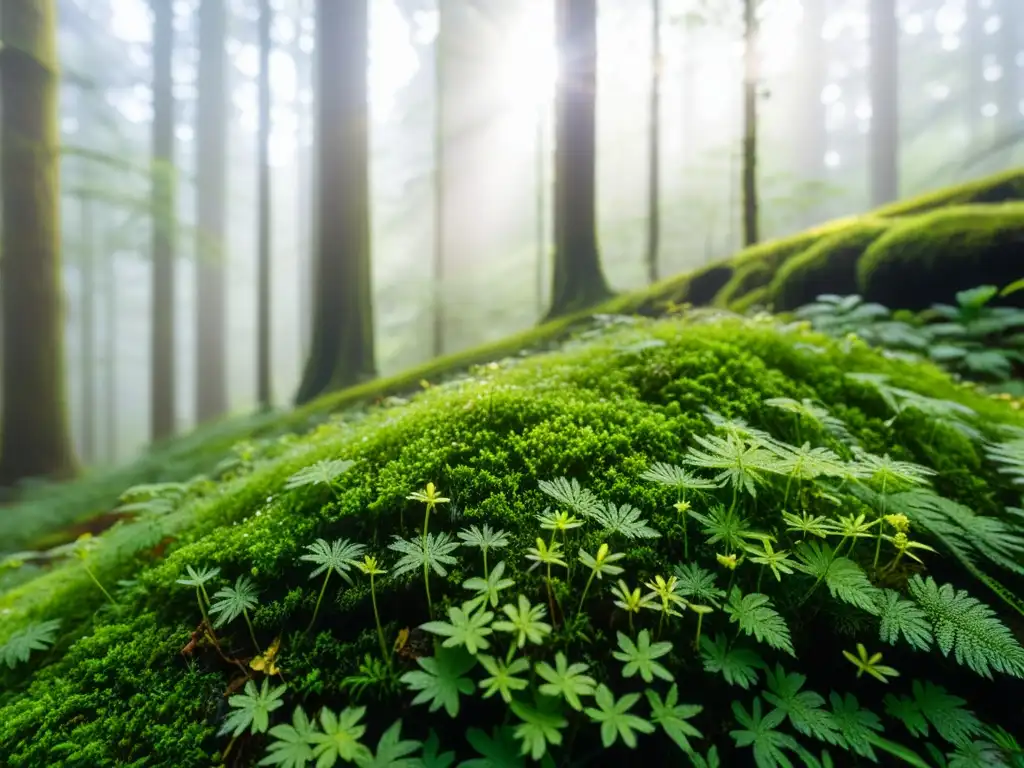 Un mundo microscópico de musgos, helechos y plantas florecientes en el suelo del bosque