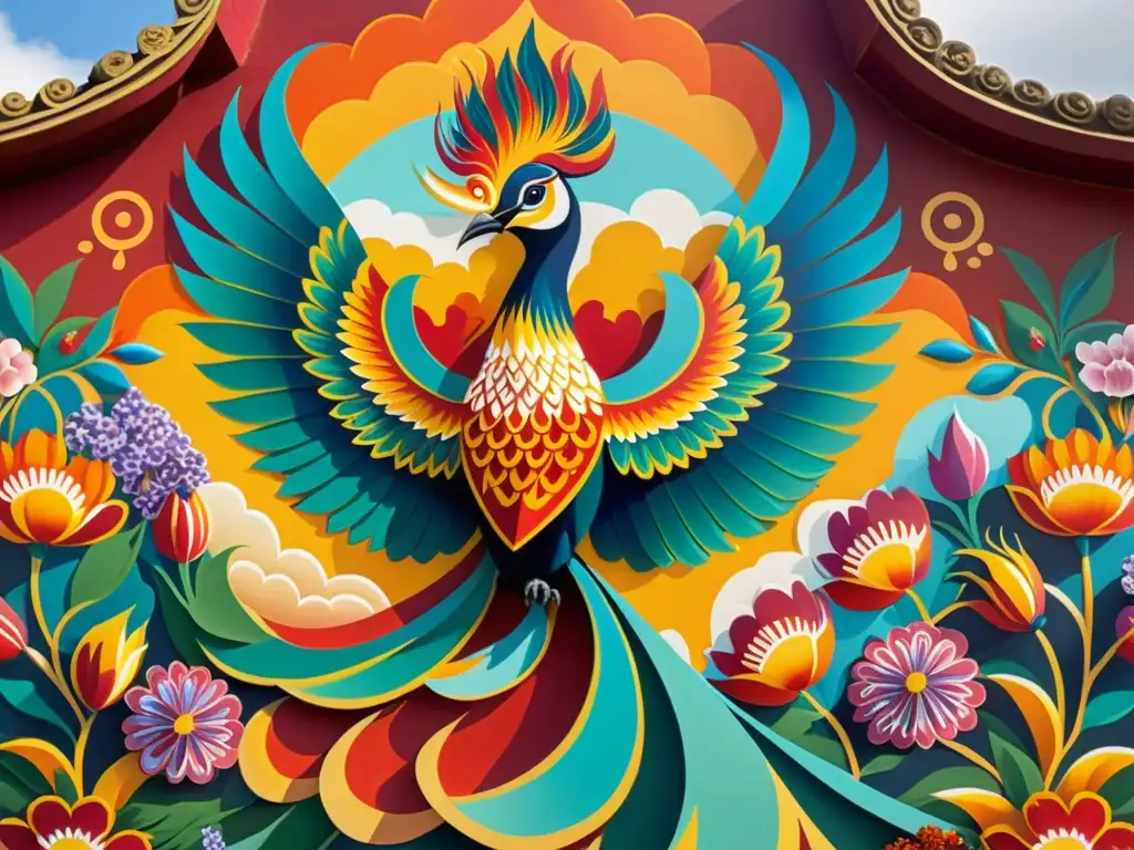 Phoenix floreciente: mural vibrante en templo antiguo Murales simbolizan renacimiento en diversas culturas con un fénix majestuoso y flores vibrantes