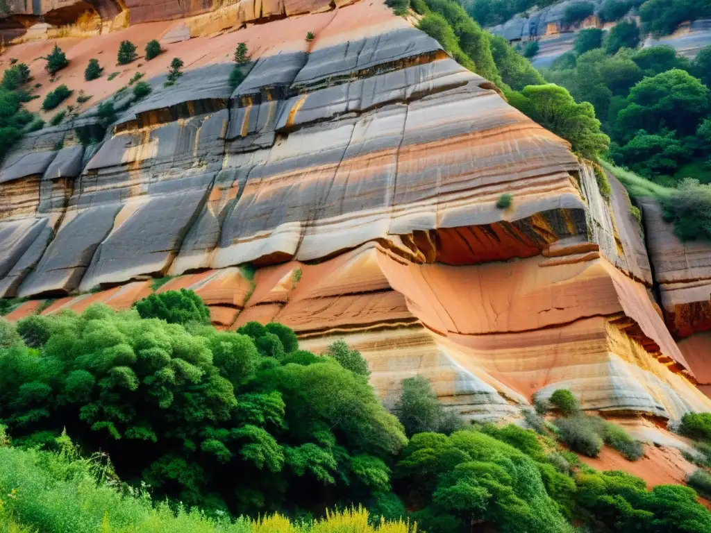Acantilado erosionado: texturas y vida vegetal Cliff erosion and natural resilience portrayed through intricate rock layers and vibrant greenery