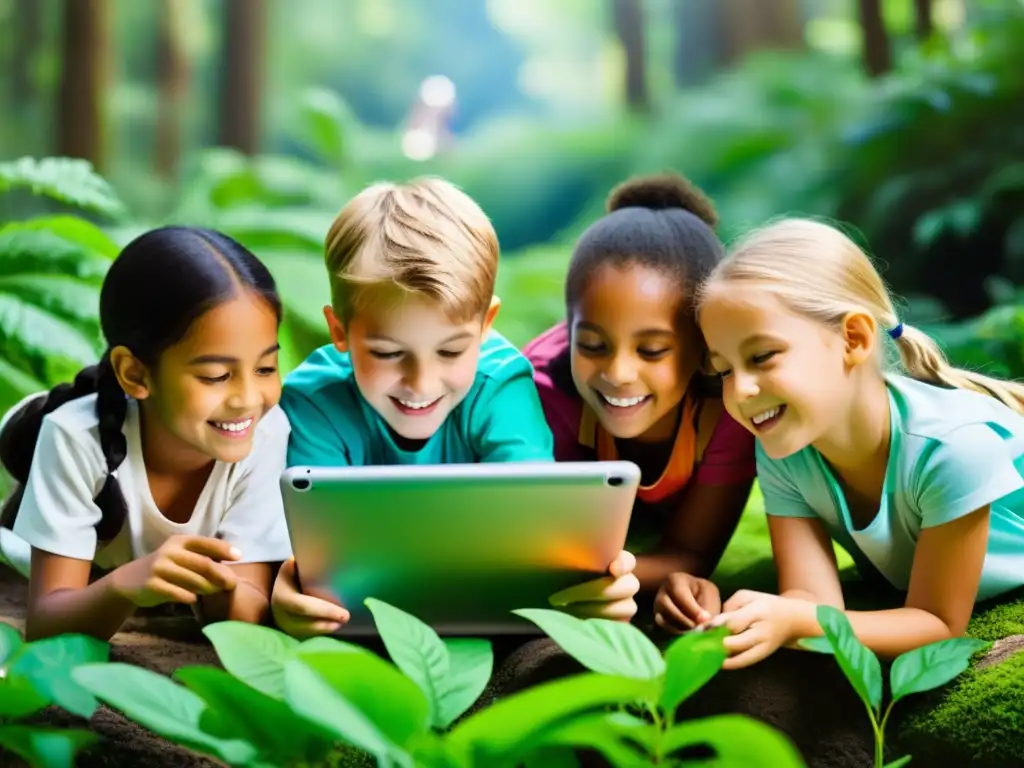 Exploración educativa: niños usando una tablet en la naturaleza Niños explorando una app educativa sobre fenómenos naturales en la naturaleza, rodeados de exuberante vegetación, entusiasmados y aprendiendo