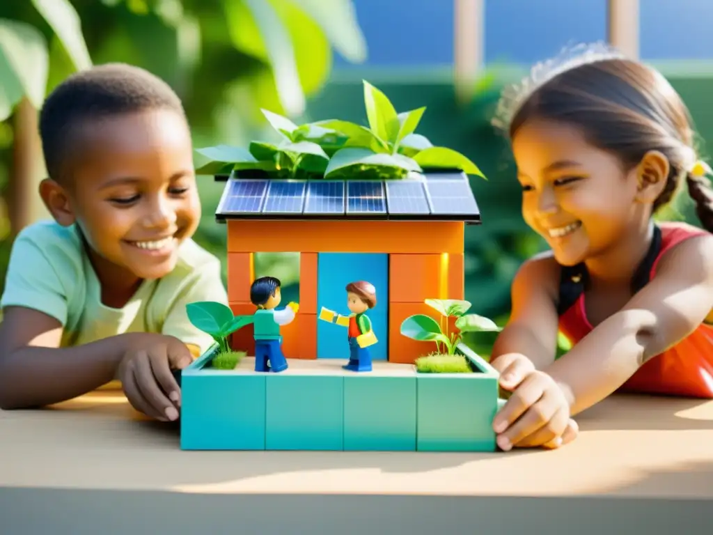 Construcción sostenible: Niños felices creando casa ecológica Niños construyendo una casa ecológica con bloques reciclados, rodeados de plantas y paneles solares