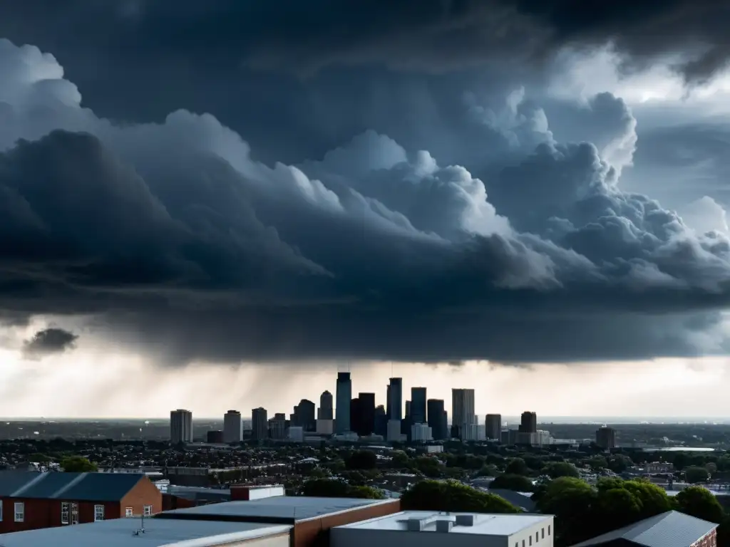 Nimbostratus amenazantes sobre la ciudad: sensación de alerta Nubes nimbostratus amenazantes sobre la ciudad, predecir tormentas con su sombrío tono gris