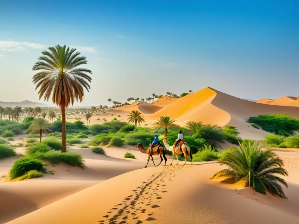 Oasis exuberante en el desierto: un paraíso verde entre dunas doradas Un oasis en el arte visual: exuberante vegetación entre dunas doradas y un cielo azul, con una caravana de camellos en la distancia